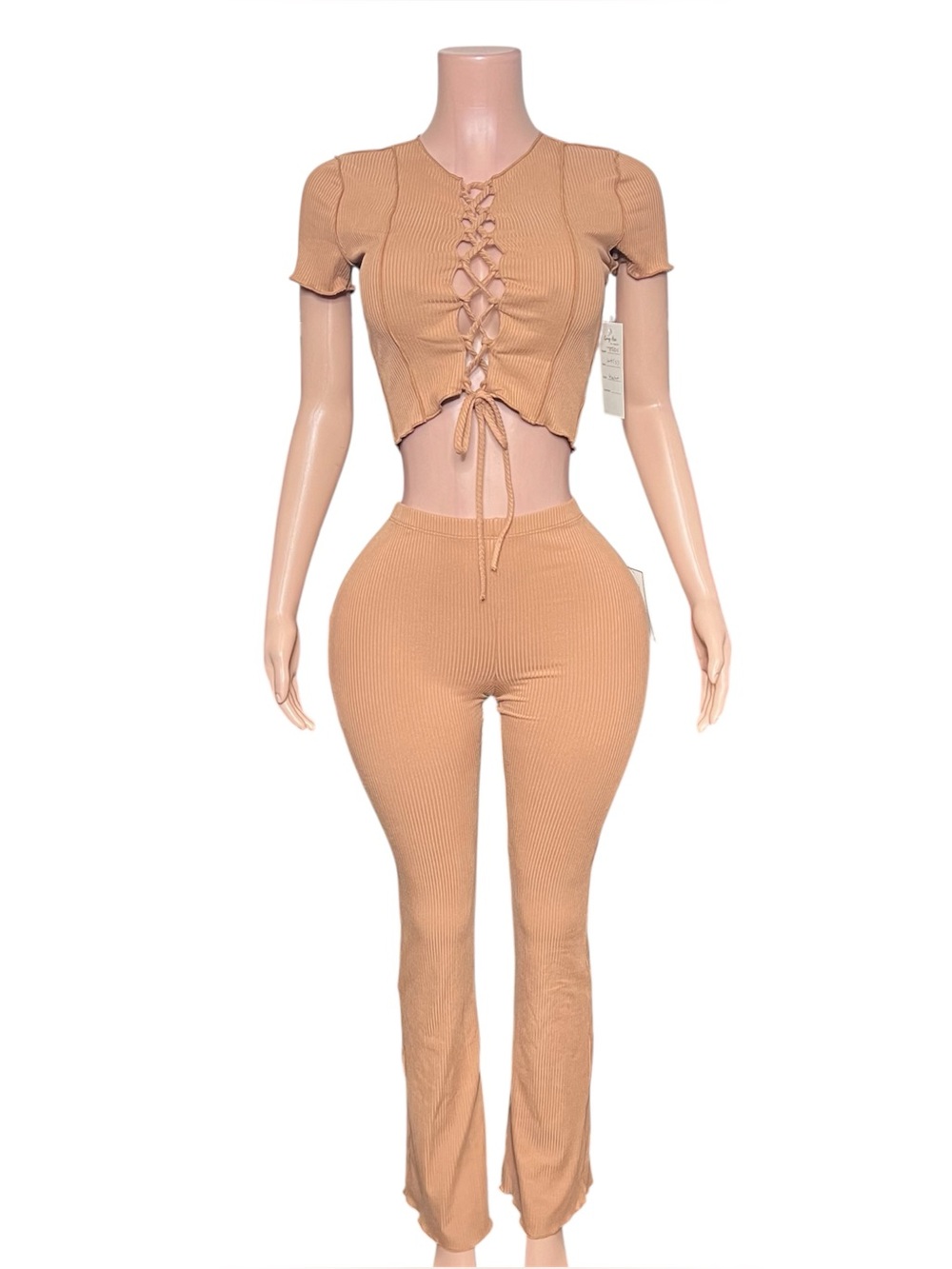 Lace-Up Ribbed Crop Top & High-Waist Skinny Pants Set - Camel